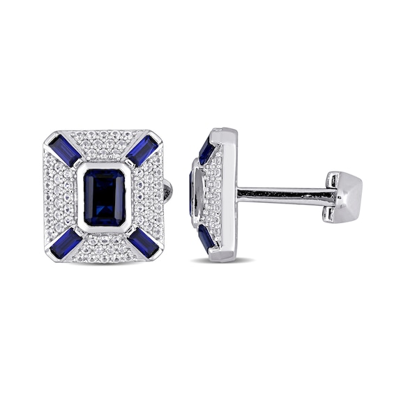 Lab-Created Sapphire White Lab-Created Sapphire Art Deco Style Cuff Links in Sterling Silver