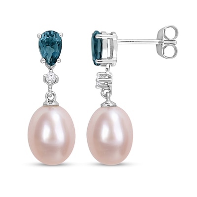 8.0-8.5mm Freshwater Cultured Pearl, London Blue Topaz and Diamond Accent Drop Earrings Set in 10K White Gold