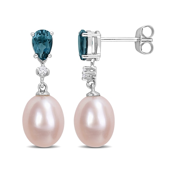 8.0-8.5mm Freshwater Cultured Pearl, London Blue Topaz and Diamond Accent Drop Earrings Set in 10K White Gold