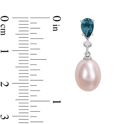 8.0-8.5mm Freshwater Cultured Pearl, London Blue Topaz and Diamond Accent Drop Earrings Set in 10K White Gold