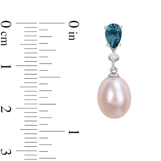 8.0-8.5mm Freshwater Cultured Pearl, London Blue Topaz and Diamond Accent Drop Earrings Set in 10K White Gold