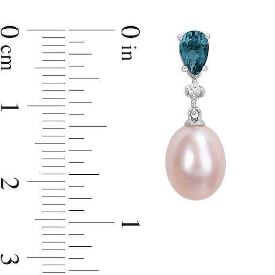 8.0-8.5mm Freshwater Cultured Pearl, London Blue Topaz and Diamond Accent Drop Earrings Set in 10K White Gold