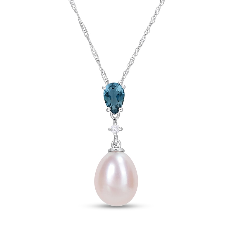 8.0-8.5mm Freshwater Cultured Pearl, London Blue Topaz and Diamond Accent Pendant in 10K White Gold
