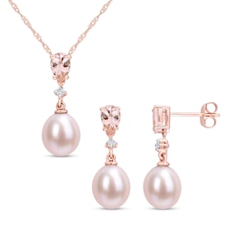 8.0-8.5mm Freshwater Cultured Pearl, Morganite and 0.06 CT. T.W. Diamond Pendant and Earrings Set in 10K Rose Gold