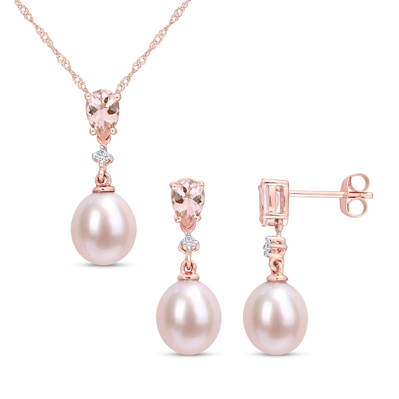 8.0-8.5mm Freshwater Cultured Pearl, Morganite and 0.06 CT. T.W. Diamond Pendant and Earrings Set in 10K Rose Gold|Peoples Jewellers