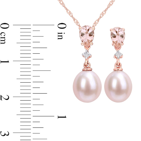 8.0-8.5mm Freshwater Cultured Pearl, Morganite and 0.06 CT. T.W. Diamond Pendant and Earrings Set in 10K Rose Gold