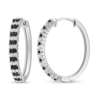 Black Spinel and White Lab-Created Sapphire Hoop Earrings in Sterling Silver