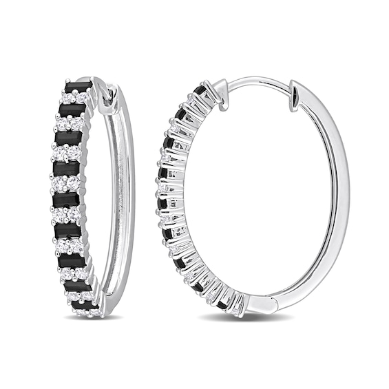 Black Spinel and White Lab-Created Sapphire Hoop Earrings in Sterling Silver