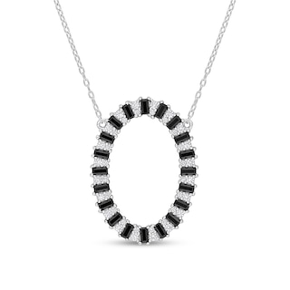 Black Spinel and White Lab-Created Sapphire Open Oval Frame Necklace in Sterling Silver