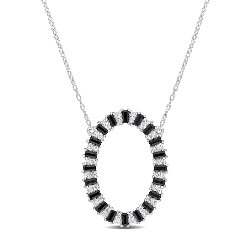 Black Spinel and White Lab-Created Sapphire Open Oval Frame Necklace in Sterling Silver