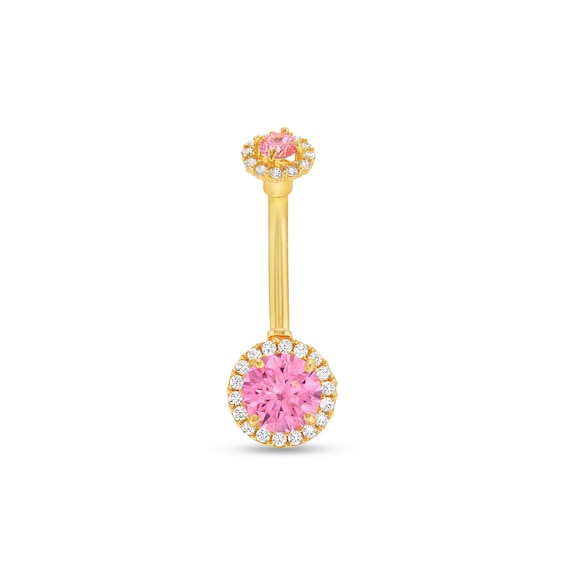 Pink and White Cubic Zirconia Frame Belly Button Ring in Solid 14K Gold - 14G 3/8"