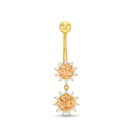 Champagne and White Cubic Zirconia Sunburst Frame Dangle Belly Button Ring in Solid 14K Gold