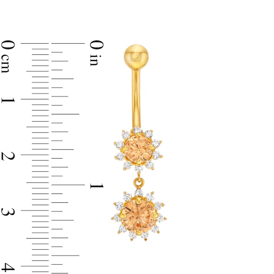 Champagne and White Cubic Zirconia Sunburst Frame Dangle Belly Button Ring in Solid 14K Gold