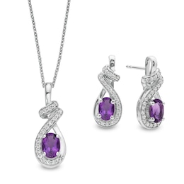 Oval Amethyst and White Lab-Created Sapphire Wrap Ribbon Drop Pendant and Earrings Set in Sterling Silver