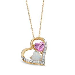 Lab-Created Opal, Pink Lab-Created Sapphire and 0.09 CT. T.W. Diamond Tilted Triple Heart Pendant in 10K Gold