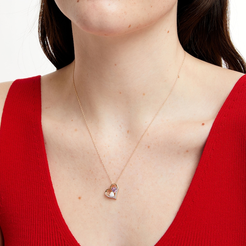 Lab-Created Opal, Pink Lab-Created Sapphire and 0.09 CT. T.W. Diamond Tilted Triple Heart Pendant in 10K Gold|Peoples Jewellers