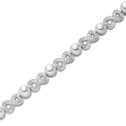 5.0mm Button Freshwater Cultured Pearl and Diamond Accent Alternating Infinity Link Bracelet in Sterling Silver-7.25&quot;