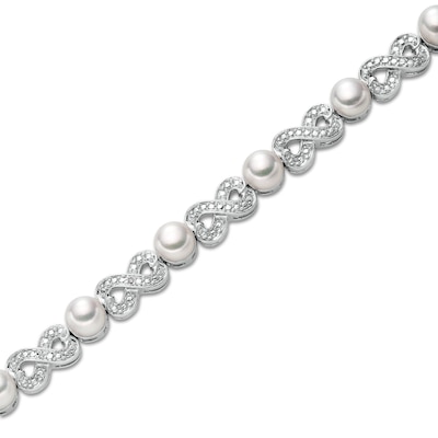 5.0mm Button Freshwater Cultured Pearl and Diamond Accent Alternating Infinity Link Bracelet in Sterling Silver-7.25"