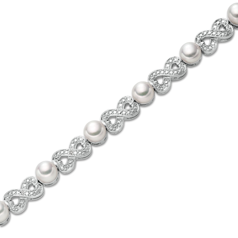 5.0mm Button Freshwater Cultured Pearl and Diamond Accent Alternating Infinity Link Bracelet in Sterling Silver-7.25"|Peoples Jewellers
