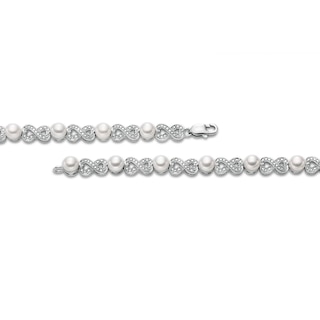 5.0mm Button Freshwater Cultured Pearl and Diamond Accent Alternating Infinity Link Bracelet in Sterling Silver-7.25"