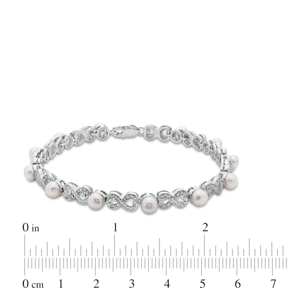 5.0mm Button Freshwater Cultured Pearl and Diamond Accent Alternating Infinity Link Bracelet in Sterling Silver-7.25"