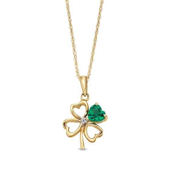 4.0mm Heart-Shaped Lab-Created Emerald and Diamond Accent Clover Pendant in 10K Gold