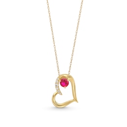 Lab-Created Ruby and 0.04 CT. T.W. Diamond Tilted Heart Pendant in 10K Gold