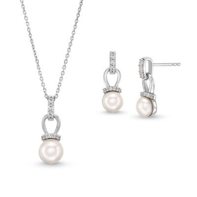 Freshwater Cultured Pearl and White Lab-Created Sapphire Pendant and Earrings Set in Sterling Silver