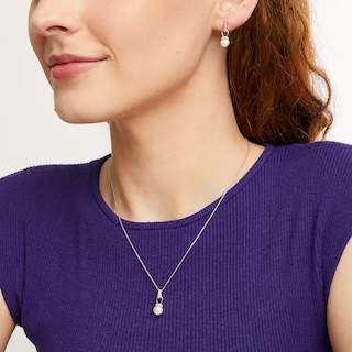 Freshwater Cultured Pearl and White Lab-Created Sapphire Pendant and Earrings Set in Sterling Silver