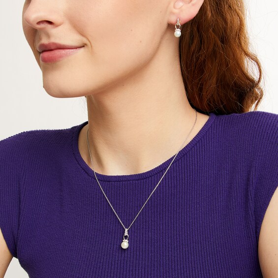 Freshwater Cultured Pearl and White Lab-Created Sapphire Pendant and Earrings Set in Sterling Silver