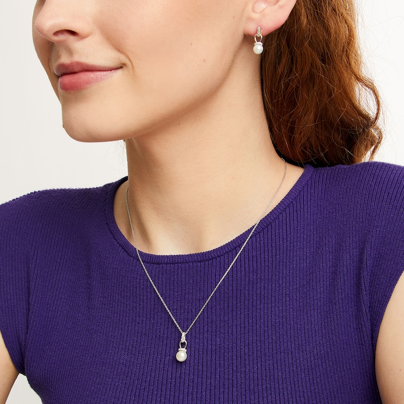 Freshwater Cultured Pearl and White Lab-Created Sapphire Pendant and Earrings Set in Sterling Silver|Peoples Jewellers