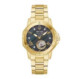 Ladies' Bulova Marine Star Black Mother-of-Pearl and Diamond Accent Watch in Gold-Tone Stainless Steel (Model 97P171)
