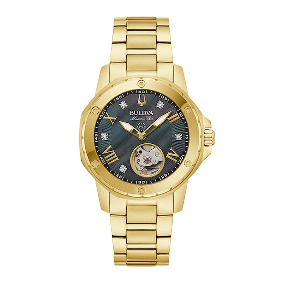 Ladies' Bulova Marine Star Black Mother-of-Pearl and Diamond Accent Watch in Gold-Tone Stainless Steel (Model 97P171)