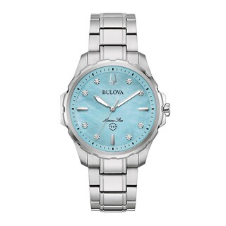 Ladies' Bulova Marine Star Blue Mother-of-Pearl and Diamond Accent Dial Watch in Stainless Steel (Model 96P248)