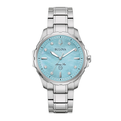 Ladies' Bulova Marine Star Blue Mother-of-Pearl and Diamond Accent Dial Watch in Stainless Steel (Model 96P248)