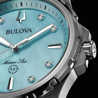 Ladies' Bulova Marine Star Blue Mother-of-Pearl and Diamond Accent Dial Watch in Stainless Steel (Model 96P248)