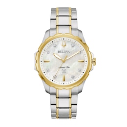 Ladies' Bulova Marine Star White Mother-of-Pearl and Diamond Accent Watch in Two-Tone Stainless Steel (Model 98P227)