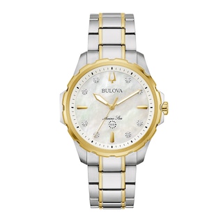 Ladies' Bulova Marine Star White Mother-of-Pearl and Diamond Accent Watch in Two-Tone Stainless Steel (Model 98P227)