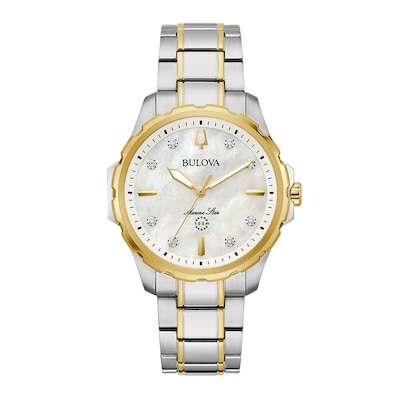 Ladies' Bulova Marine Star White Mother-of-Pearl and Diamond Accent Watch in Two-Tone Stainless Steel (Model 98P227)