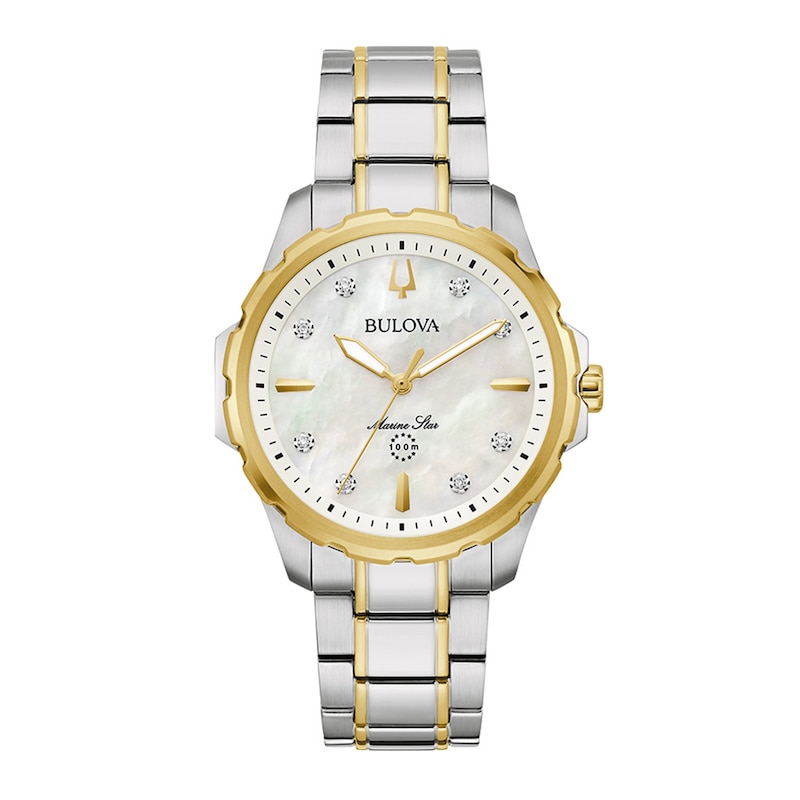 Ladies' Bulova Marine Star White Mother-of-Pearl and Diamond Accent Watch in Two-Tone Stainless Steel (Model 98P227)|Peoples Jewellers