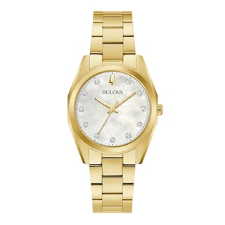 Ladies' Bulova Surveyor White Mother-of-Pearl and Diamond Accent Watch in Gold-Tone Stainless Steel (Model 97P172)