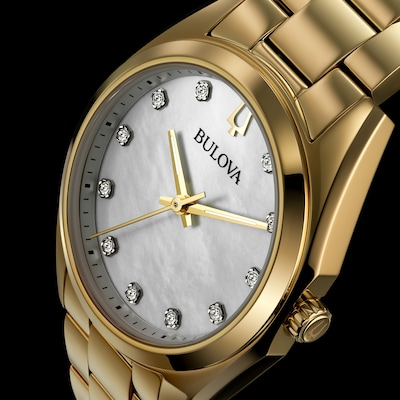 Ladies' Bulova Surveyor White Mother-of-Pearl and Diamond Accent Watch in Gold-Tone Stainless Steel (Model 97P172)