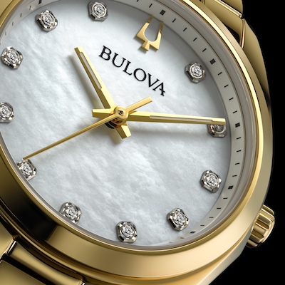 Ladies' Bulova Surveyor White Mother-of-Pearl and Diamond Accent Watch in Gold-Tone Stainless Steel (Model 97P172)