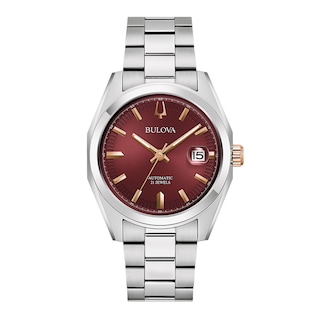 Men's Bulova Surveyor Burgundy Dial Watch in Stainless Steel (Model 98B422)