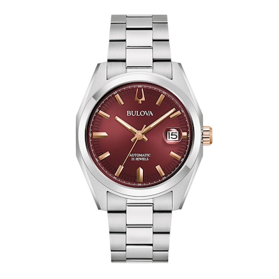 Men's Bulova Surveyor Burgundy Dial Watch in Stainless Steel (Model 98B422)