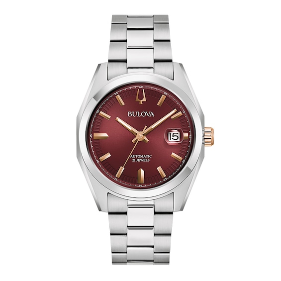 Men's Bulova Surveyor Burgundy Dial Watch in Stainless Steel (Model 98B422)