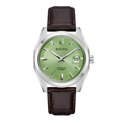 Men's Bulova Surveyor Green Dial Watch in Stainless Steel with Brown Leather Strap (Model 96B427)