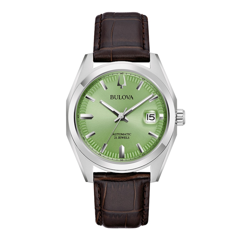 Men's Bulova Surveyor Green Dial Watch in Stainless Steel with Brown Leather Strap (Model 96B427)|Peoples Jewellers