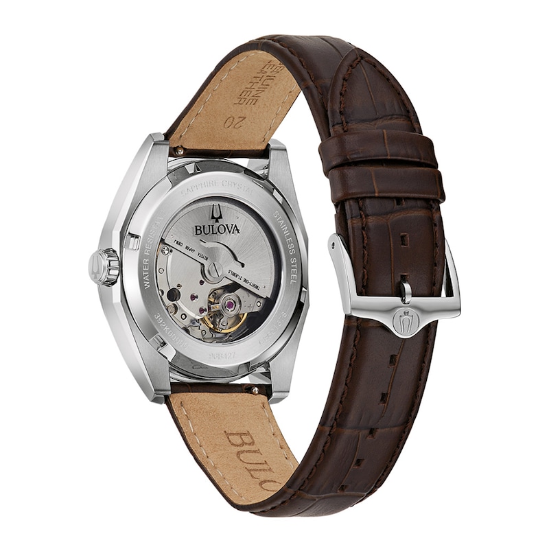 Men's Bulova Surveyor Green Dial Watch in Stainless Steel with Brown Leather Strap (Model 96B427)|Peoples Jewellers