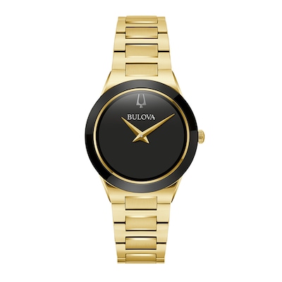 Ladies' Bulova Modern Black Dial Watch in Gold-Tone Stainless Steel (Model 97L175)